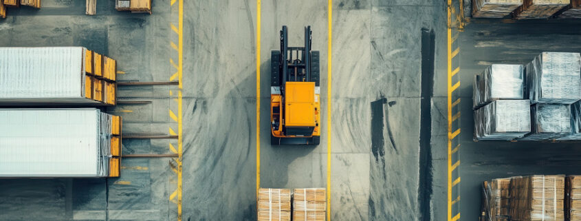 Forklift Lifting Pallets in Orderly Cross Dock Warehouse Concept of Safety and Efficiency