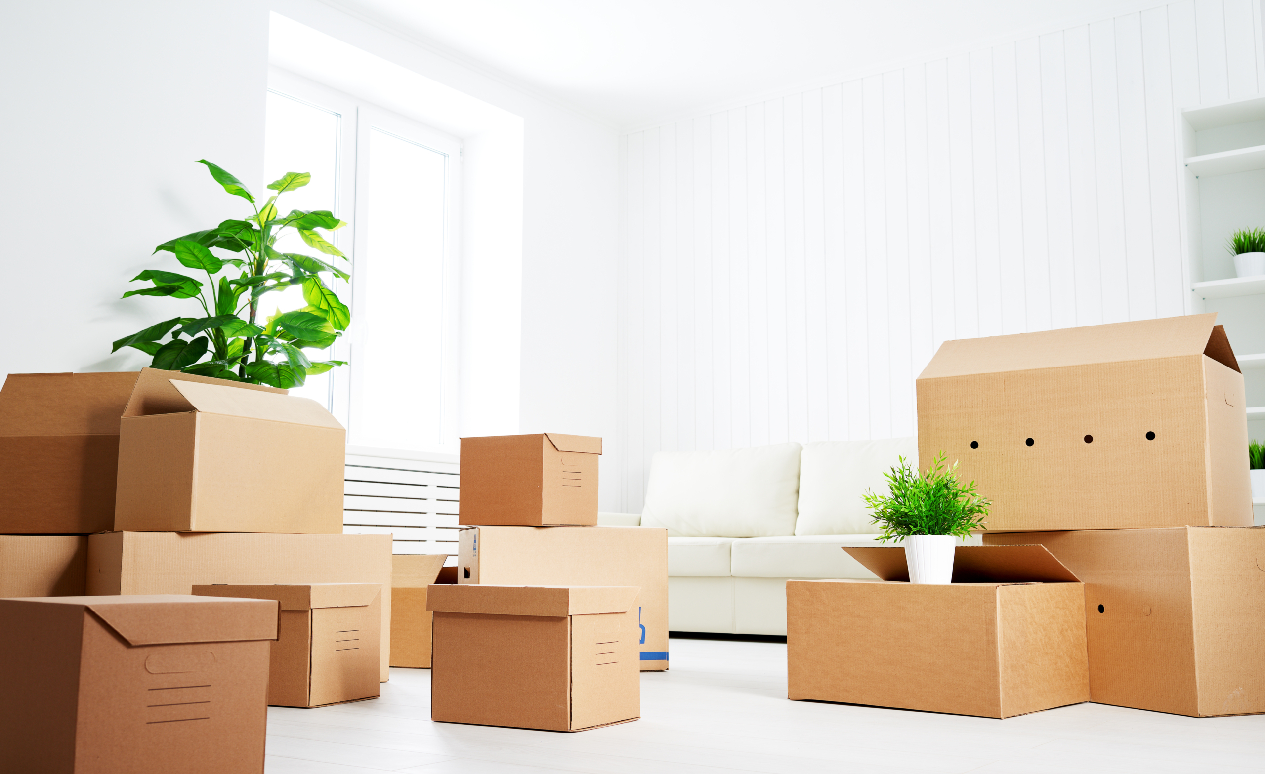 move. lots of cardboard boxes in empty new apartment